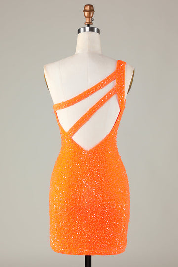 Lentejuelas Un Hombro Naranja Vestido Corto